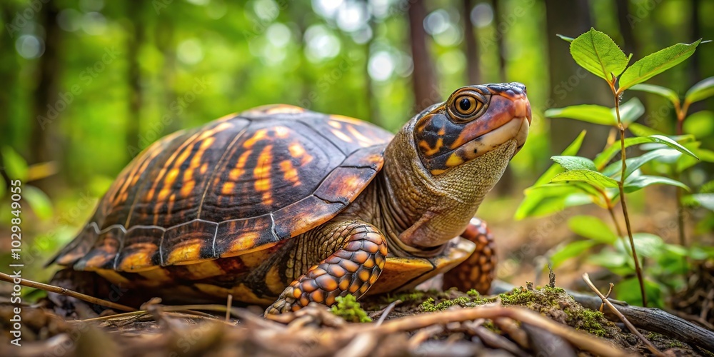 Tilted angle box turtle navigating through forest underbrush Tilted angle box turtle navigating through forest underbrush