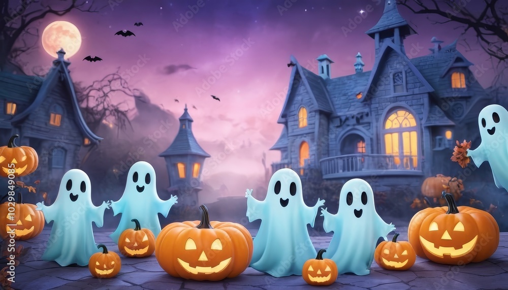 A soft Halloween background in pastel colors featuring friendly ghosts, smiling pumpkins, and whimsical bats, creating a playful and cheerful arrangement. Perfect for a lighthearted holiday theme A soft Halloween background in pastel colors featuring friendly ghosts, smiling pumpkins, and whimsical bats, creating a playful and cheerful arrangement. Perfect for a lighthearted holiday theme