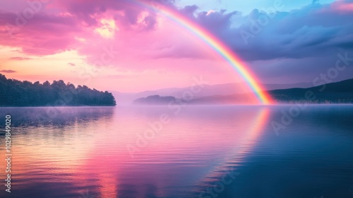 Rainbow over Lake at Sunset