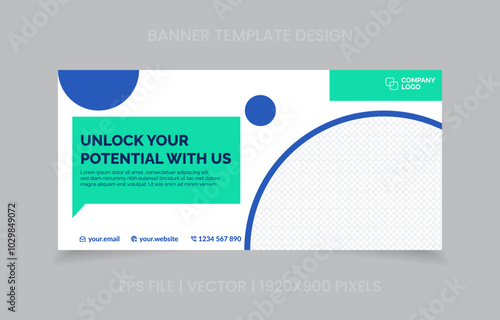 template banner design green and blue color, easy to replace image and text.