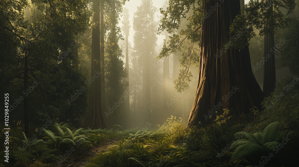 Fototapeta premium A dense redwood forest shrouded in mist, with towering ancient trees disappearing into the fog above.