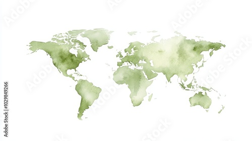 A watercolor painting of the world with green tones. The painting is of a world map with the continents and oceans