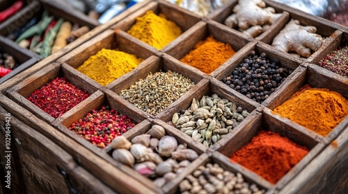 A traditional Indian spice box (masala dabba) filled with vibrant spices such as paprika, asafoetida, and ground ginger photo