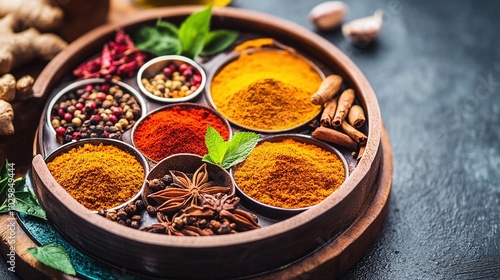 Fototapeta Naklejka Na Ścianę i Meble -  A traditional Indian spice box (masala dabba) filled with vibrant spices such as paprika, asafoetida, and ground ginger