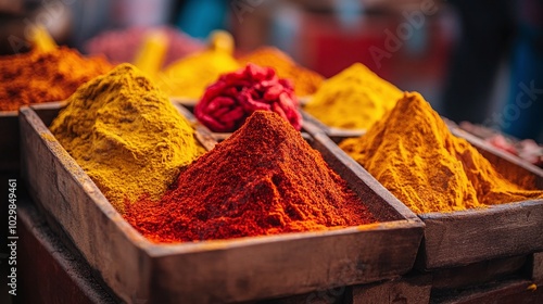 A traditional Indian spice box (masala dabba) filled with vibrant spices such as paprika, asafoetida, and ground ginger photo