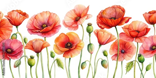 watercolor clipart flowers poppies on a white background