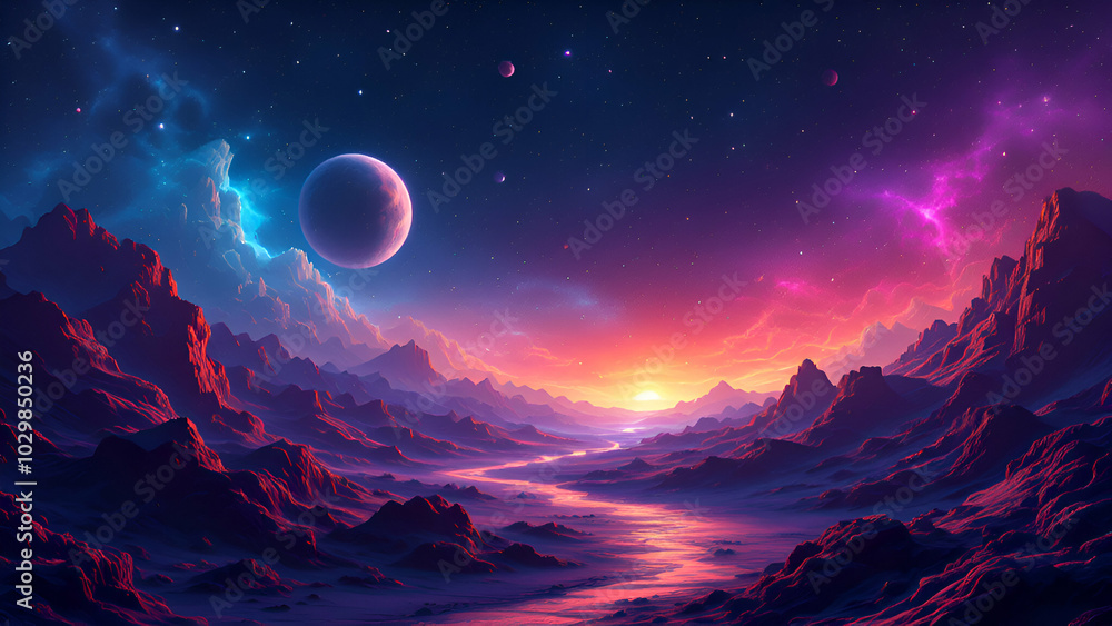 A digitally painted scene of an alien landscape with a purple sunset, a river winding through the red mountains, and a large moon in the sky. The sky is full of stars and swirling nebulae. A digitally painted scene of an alien landscape with a purple sunset, a river winding through the red mountains, and a large moon in the sky. The sky is full of stars and swirling nebulae.