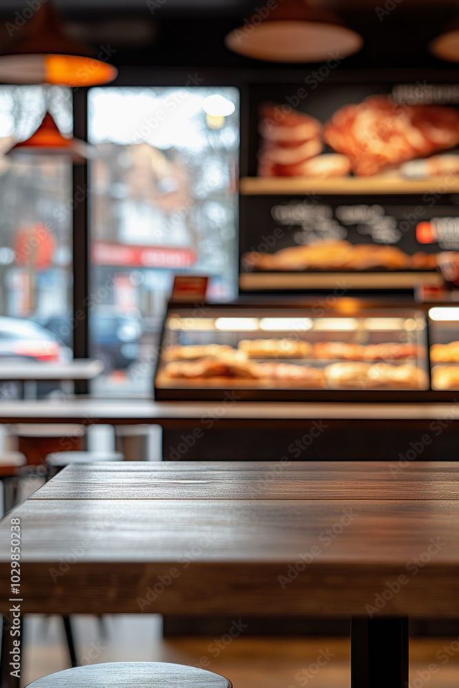 Cozy Cafe Interior with Wooden Tables and Pastry Display Cozy Cafe Interior with Wooden Tables and Pastry Display
