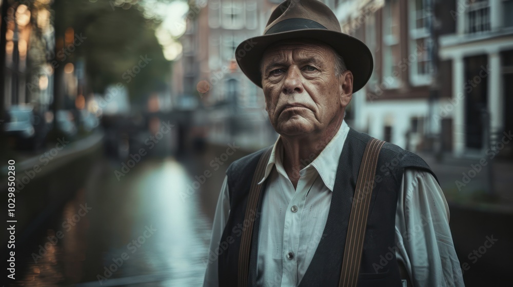 A Man in a Fedora Stands on a Bridge in Amsterdam A Man in a Fedora Stands on a Bridge in Amsterdam
