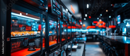 High-tech sushi vending machine dispensing sushi on conveyor belts, neon lights, and digital interface in a modern Japanese urban setting