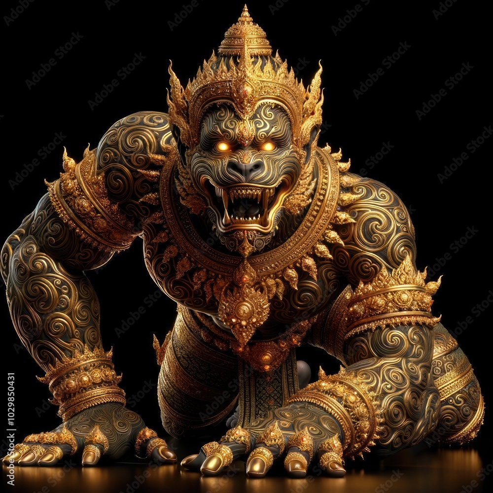 Hanuman: The Divine Warrior in Motion – A Hyper-Realistic Depiction of the Mythical Thai Hero Crawling with Intricate Gold Armor, Swirling Patterns, and Regal Attire, Poised for Battle in Traditional Hanuman: The Divine Warrior in Motion – A Hyper-Realistic Depiction of the Mythical Thai Hero Crawling with Intricate Gold Armor, Swirling Patterns, and Regal Attire, Poised for Battle in Traditional