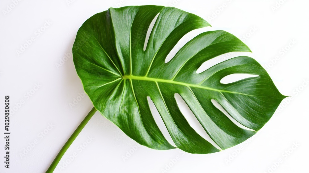 Fototapeta premium A single, large, green monstera leaf isolated on a white background.