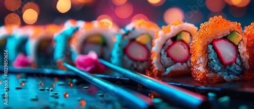 Retro-futuristic sushi table with glowing neon utensils, vibrant sushi rolls, and a vaporwave-inspired background. Electric hues, retro-tech fusion photo