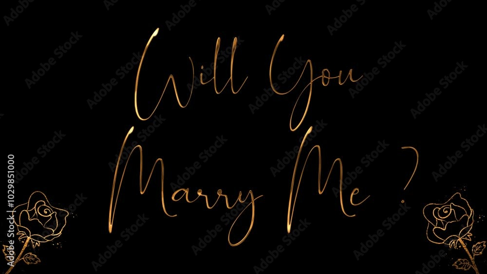 Gold script words on black background spell out Will you marry me, suitable for proposals, engagement announcements, wedding invitations, and romantic designs. Gold script words on black background spell out Will you marry me, suitable for proposals, engagement announcements, wedding invitations, and romantic designs.