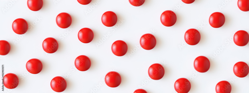 Minimalist Pattern of Bright Red Pills Arranged Aesthetically on a Clean White Background for Modern Health and Wellness Concepts Minimalist Pattern of Bright Red Pills Arranged Aesthetically on a Clean White Background for Modern Health and Wellness Concepts