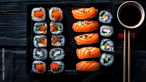 Sushi displayed with a dramatic shadow play, using bold lighting techniques to highlight the contrast between dark and light elements