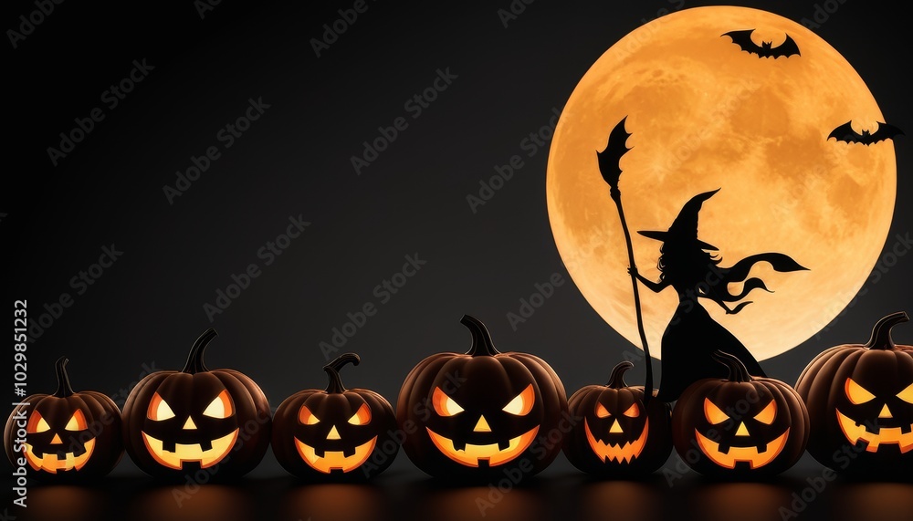 Silhouettes of witches with glowing jack-o'-lanterns under a full moon, surrounded by bats flying through the night sky, creating a spooky Halloween scene Silhouettes of witches with glowing jack-o'-lanterns under a full moon, surrounded by bats flying through the night sky, creating a spooky Halloween scene