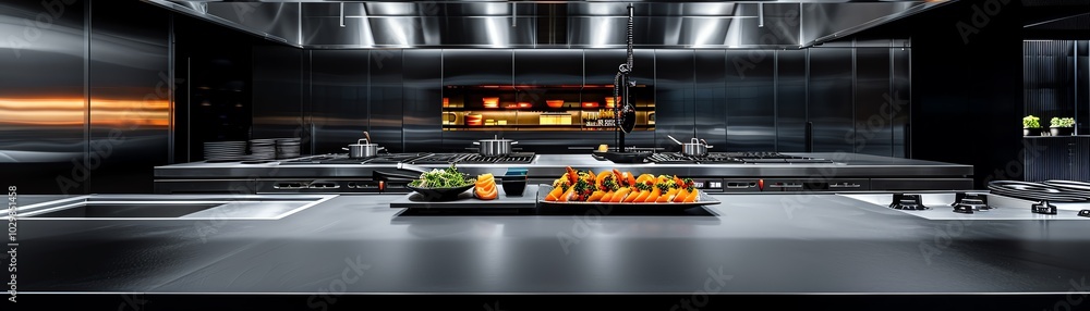 Sushi platter served by AI robots, sleek metallic environment, high-tech, minimalist design, Sushi platter served by AI robots, sleek metallic environment, high-tech, minimalist design,
