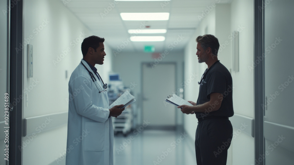 Two doctors standing in hospital hallway discussing patient care and treatment options. Their focused expressions reflect importance of their conversation in medical environment Two doctors standing in hospital hallway discussing patient care and treatment options. Their focused expressions reflect importance of their conversation in medical environment