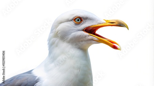 Seagull with open beak isolated on white, looking right to left, minimalist photo