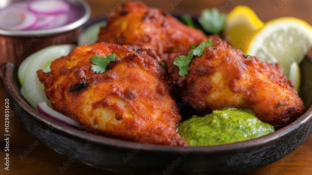 Crispy Fried Fish with Green Sauce and Lemon Slices Crispy Fried Fish with Green Sauce and Lemon Slices
