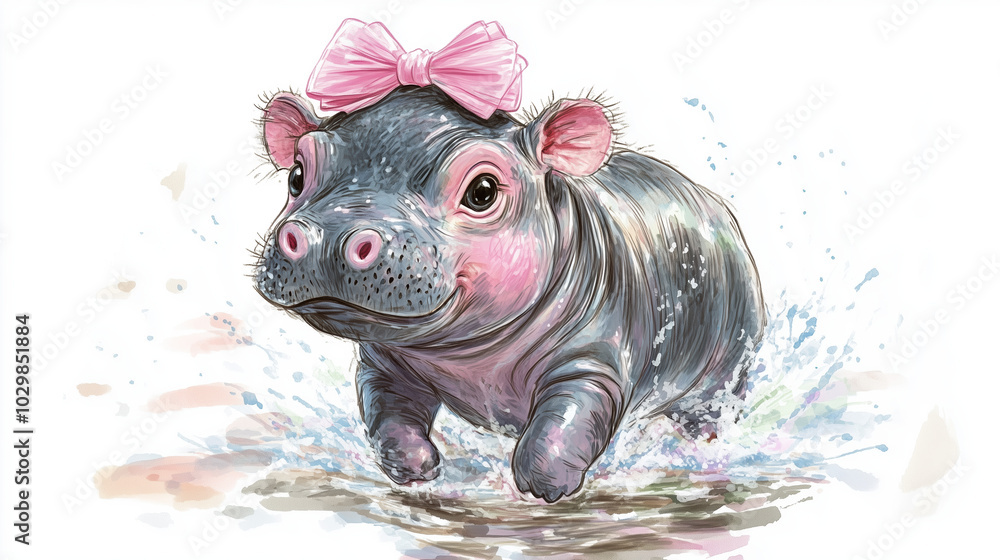 Colorful Illustration of a Baby Pygmy Hippo with Pink Cheeks, Bow, and Joyful Splashing in Water Colorful Illustration of a Baby Pygmy Hippo with Pink Cheeks, Bow, and Joyful Splashing in Water