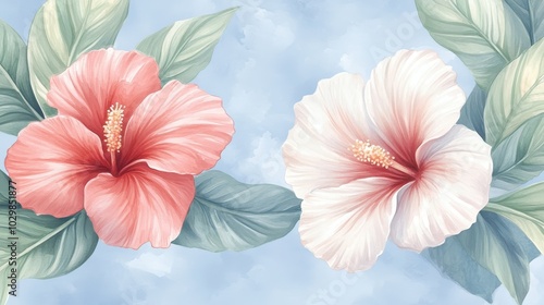 Wallpaper Mural Two pink and white flowers are painted on a blue background. The flowers are in the center of the image and are surrounded by a blue border Torontodigital.ca