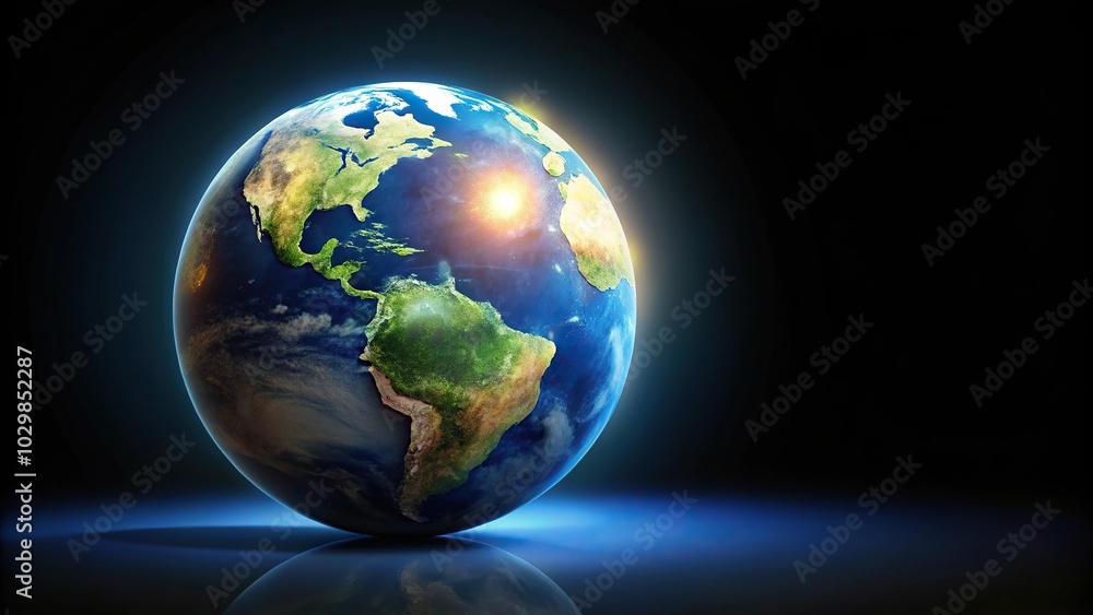 Fototapeta premium Tilted angle glowing earth globe isolated on black background