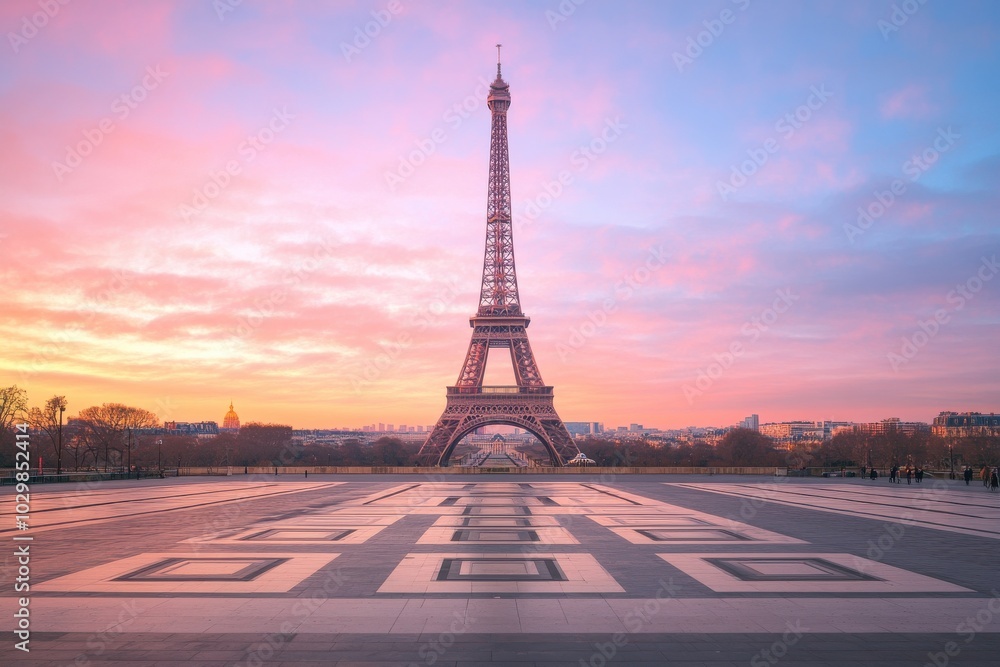 Naklejka premium eiffel tower at sunset and forest