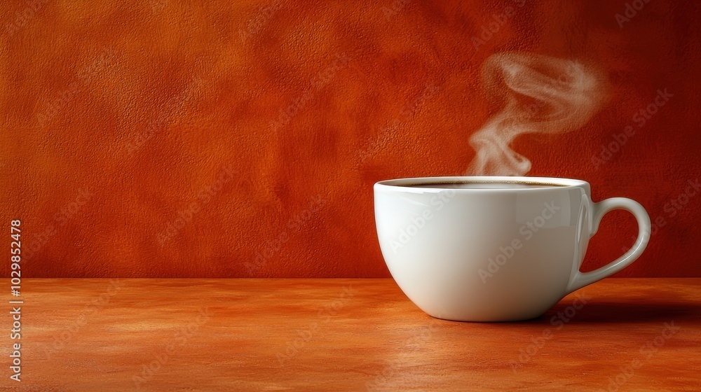 A white cup of hot coffee with visible steam rising, set against a warm orange textured background, evoking a cozy and inviting atmosphere. A white cup of hot coffee with visible steam rising, set against a warm orange textured background, evoking a cozy and inviting atmosphere.