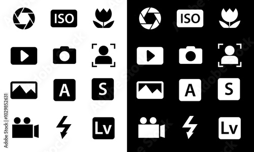 icon set about camera, aperture, iso, macro, landscape, portrait, live view, galery