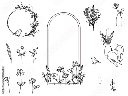 植物やお花のシンプルフレームセットイラスト素材