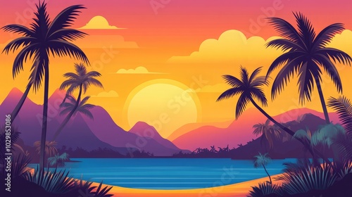 Serene Tropical Sunset Landscape with Palms