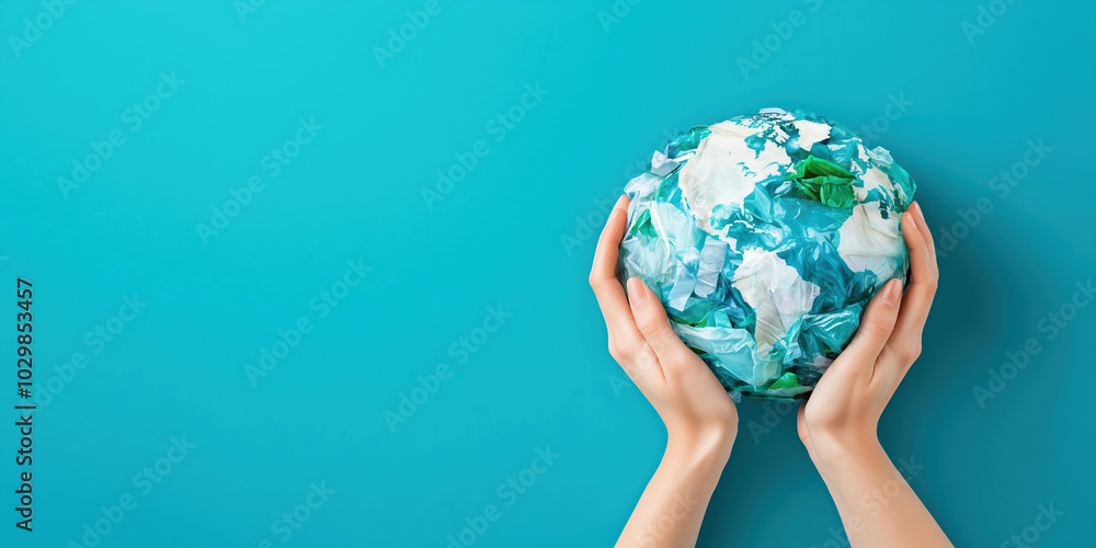 Hands Holding a Plastic-Waste-Constructed Earth with Intricate Layers of Discarded Packaging Materials Against a Clean Blue Background Hands Holding a Plastic-Waste-Constructed Earth with Intricate Layers of Discarded Packaging Materials Against a Clean Blue Background