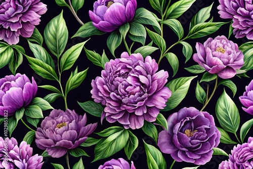 Seamless painting of lush purple peonies and green leaves against a black background long shot