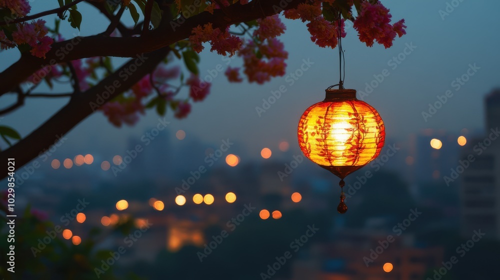 Obraz premium a single Indian style eco-friendly diwali lantern hanged on tree flowers branch coming from side, with cityscape with glowing diyas at distance in background, evening, bokeh, cinematic