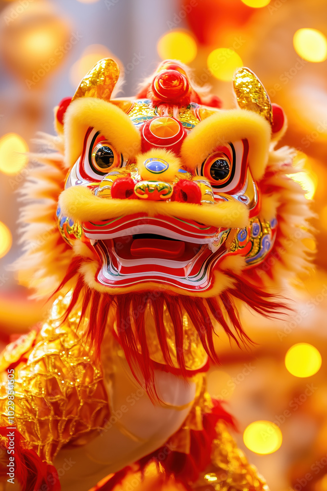 Dazzling Lion Dance Featuring Vibrant Gold and Red Costumes with Musicians Playing Traditional Instruments Dazzling Lion Dance Featuring Vibrant Gold and Red Costumes with Musicians Playing Traditional Instruments