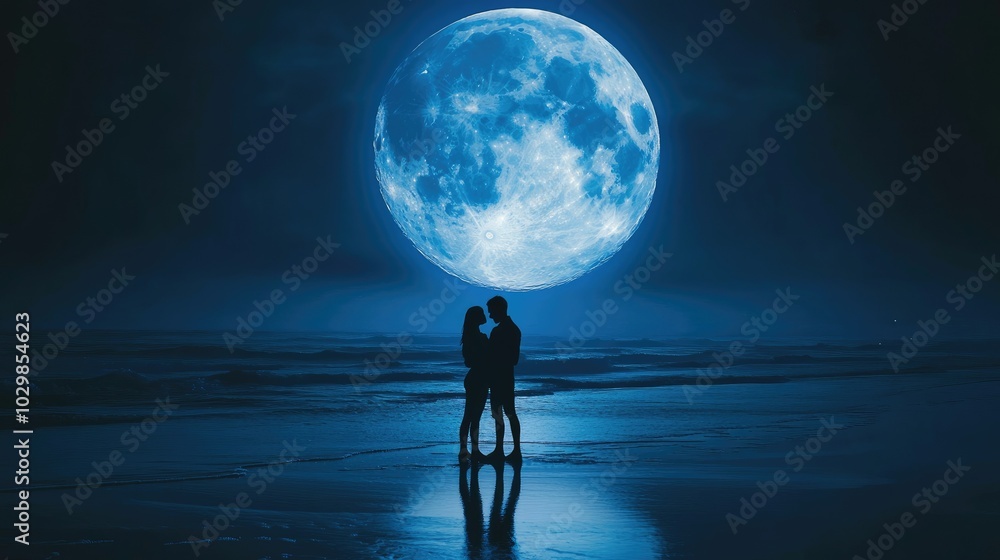 Full moon over the sea, moonlight reflection on water. Silhouette of a couple standing in front of giant blue moon, beach background. Full moon over the sea, moonlight reflection on water. Silhouette of a couple standing in front of giant blue moon, beach background.