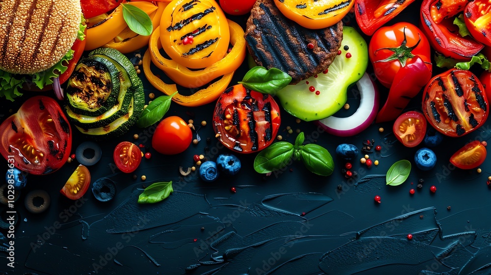 Veggie burger with grilled vegetables, flat design illustration Veggie burger with grilled vegetables, flat design illustration