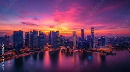 A breathtaking panoramic view of a modern city skyline at dusk, with the sun setting behind the skyscrapers and reflecting off the water in a vibrant array of colors.