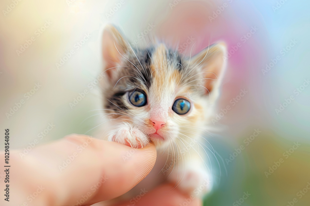 a cute mini kitten sitting on the hand finger. a cute mini kitten sitting on the hand finger.