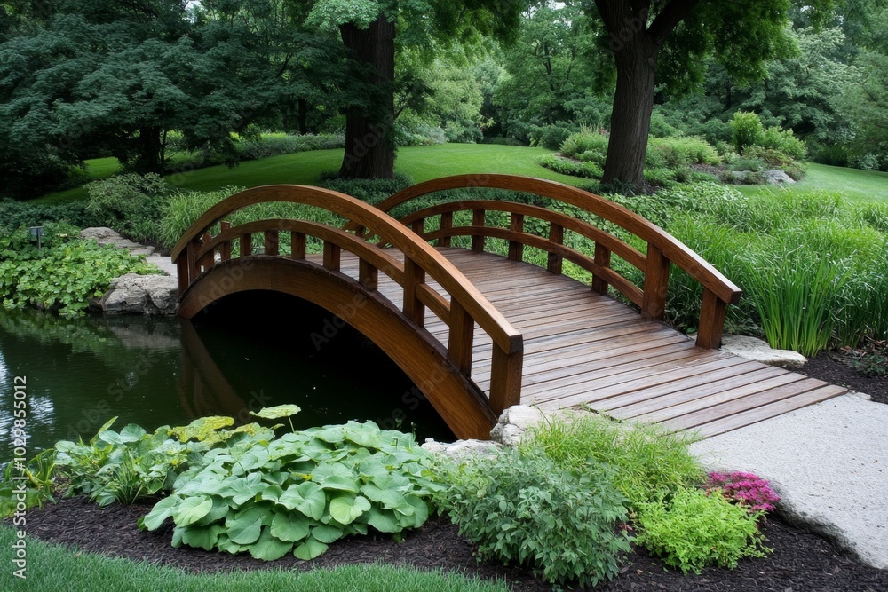 Curved wooden bridge crossing a tranquil pond in a Japanese garden Curved wooden bridge crossing a tranquil pond in a Japanese garden