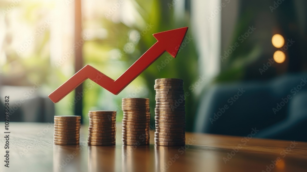Red Upward arrow on money coin stack as growth graph steps in home shape symbol,Savings, income, home investment, real estate price value, property profit concepts,the rising price of real estate. Red Upward arrow on money coin stack as growth graph steps in home shape symbol,Savings, income, home investment, real estate price value, property profit concepts,the rising price of real estate.