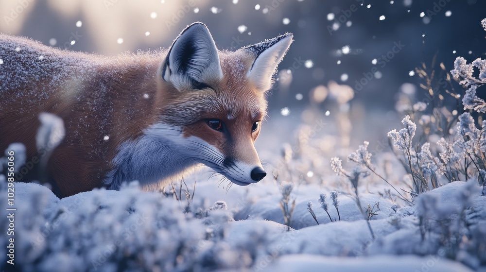 Fototapeta premium A red fox with white fur on its chest walks through the snow in a forest.