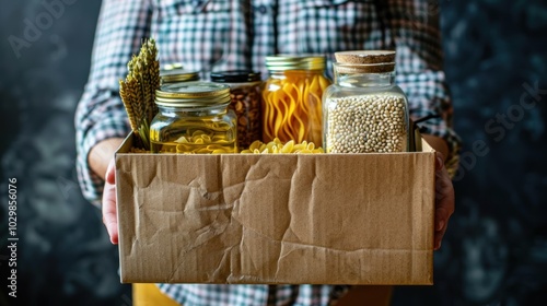 Hands holding food donation box containing food products photo