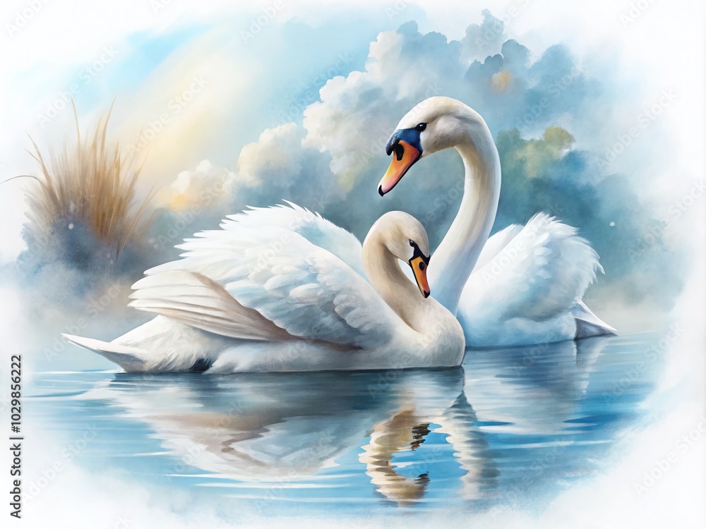 Obraz premium Elegant Watercolor Swans Collection on White Background for Art Lovers
