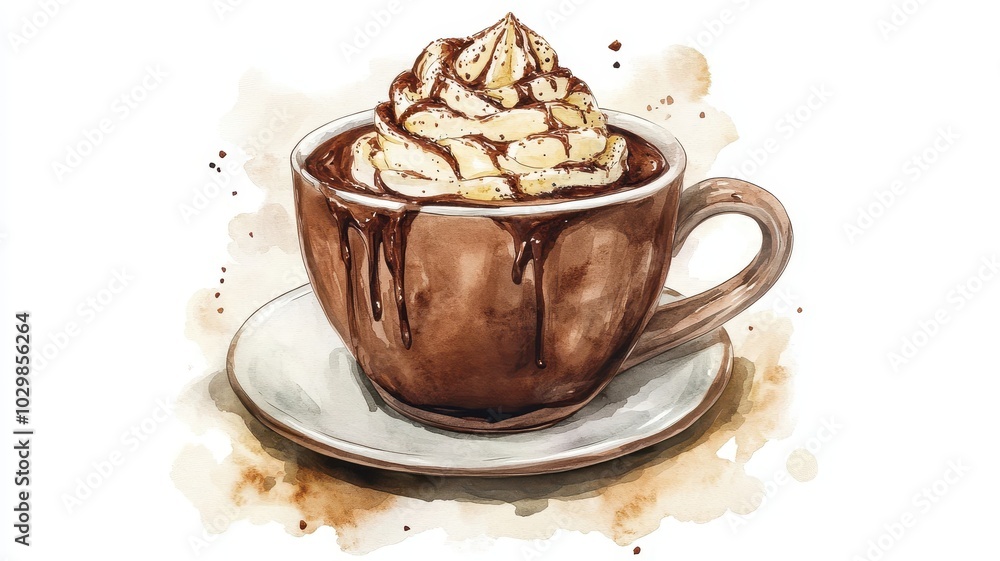 Watercolor of Hot chocolate on white background,Hand drawn underwater element design,Illustration for greeting cards,menu cafe,winter drink,space for text. Watercolor of Hot chocolate on white background,Hand drawn underwater element design,Illustration for greeting cards,menu cafe,winter drink,space for text.