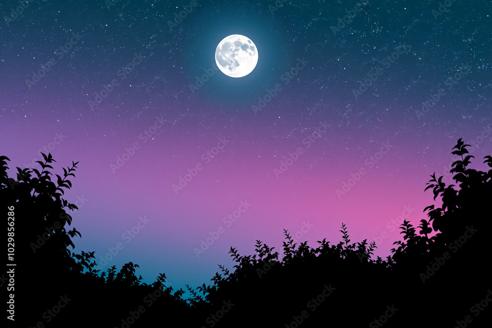 Magical Nightscape with Full Moon and Starry Sky.generative AI Magical Nightscape with Full Moon and Starry Sky.generative AI