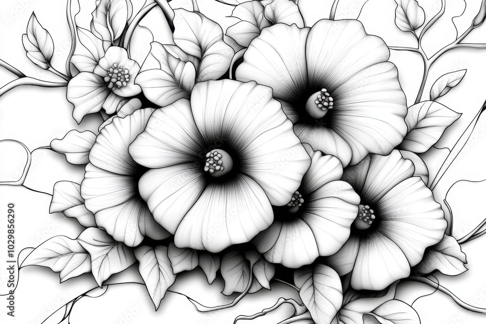 Elegant Ipomoea vine pattern, drawn with fine lines Elegant Ipomoea vine pattern, drawn with fine lines