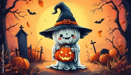 Cheerful Halloween Ghost with Pumpkin Sticker Design